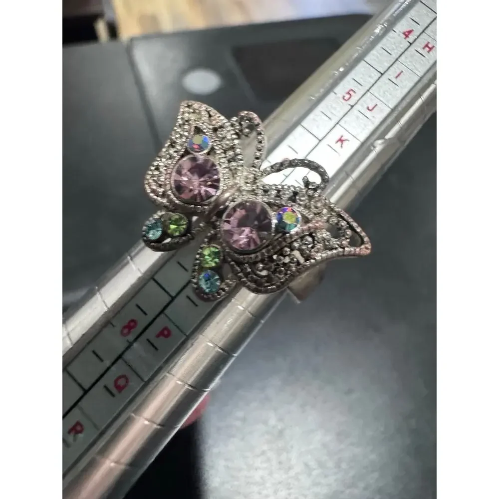 Vintage Butterfly Statement Ring | Lavender Rhinestones | Silver Tone